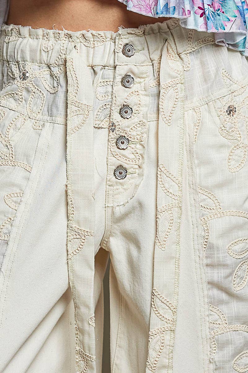 Lace Trim Outseam Detail Solid Wide Leg Twill Pants