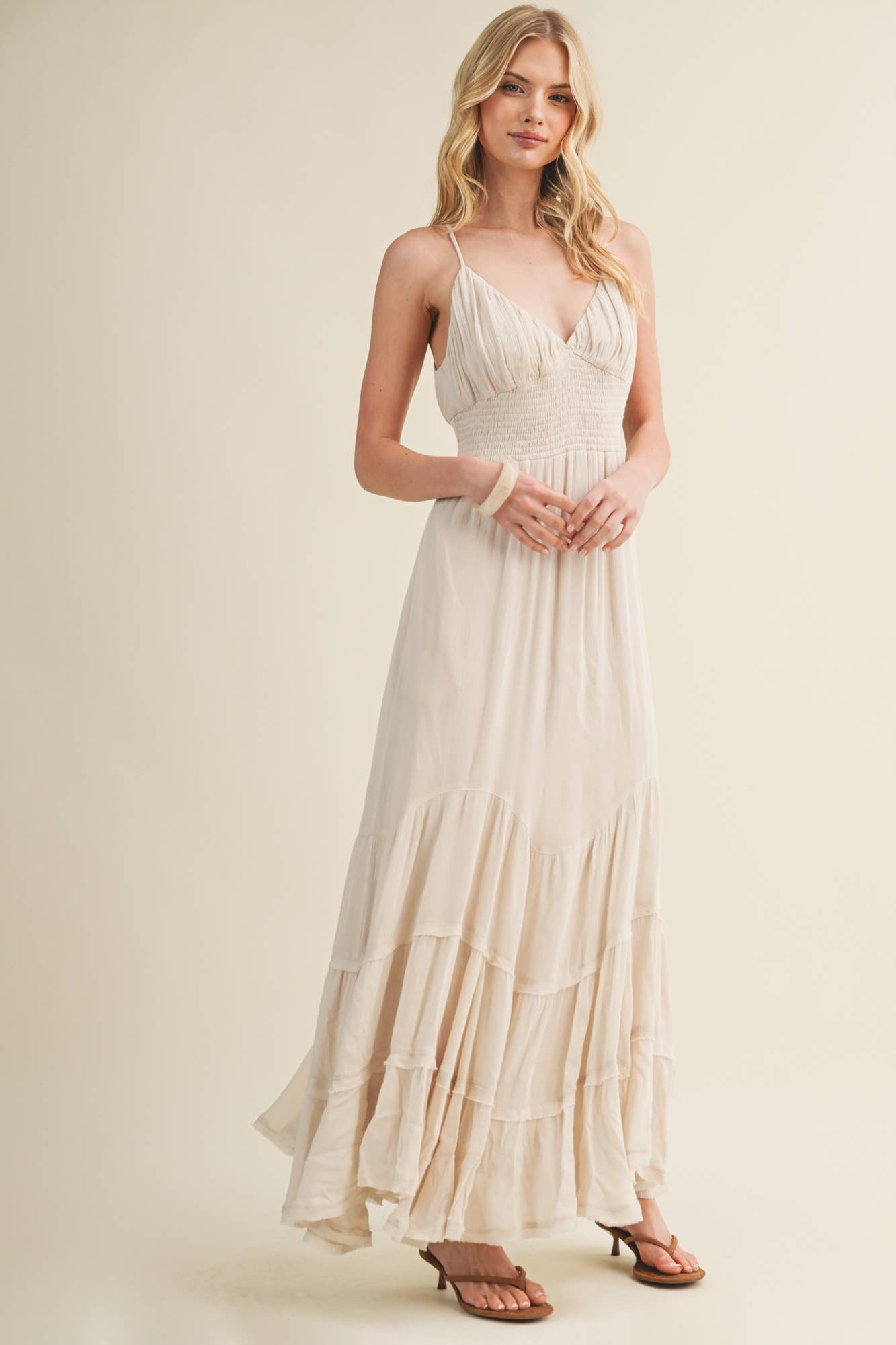 Contoured Shirring Cascading Tiered Dress