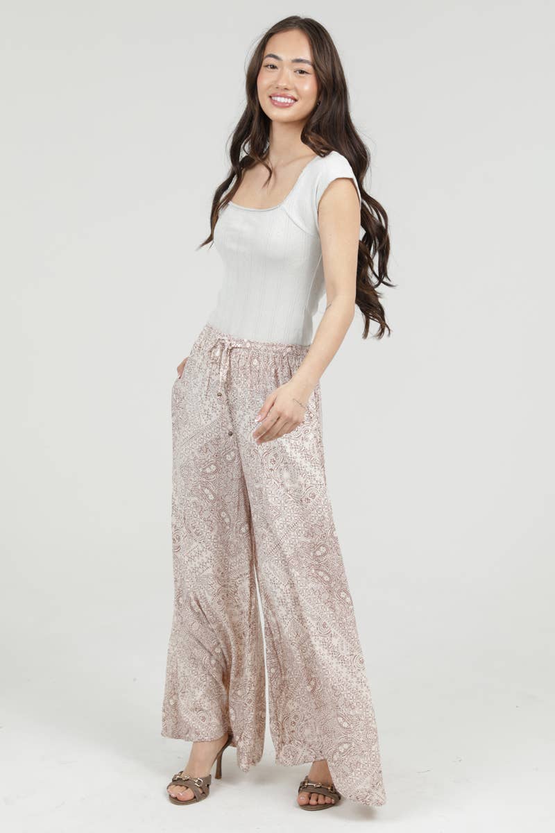PRINTED WIDE LEG PANTS WITH ELASTIC DRAWSTRING WA