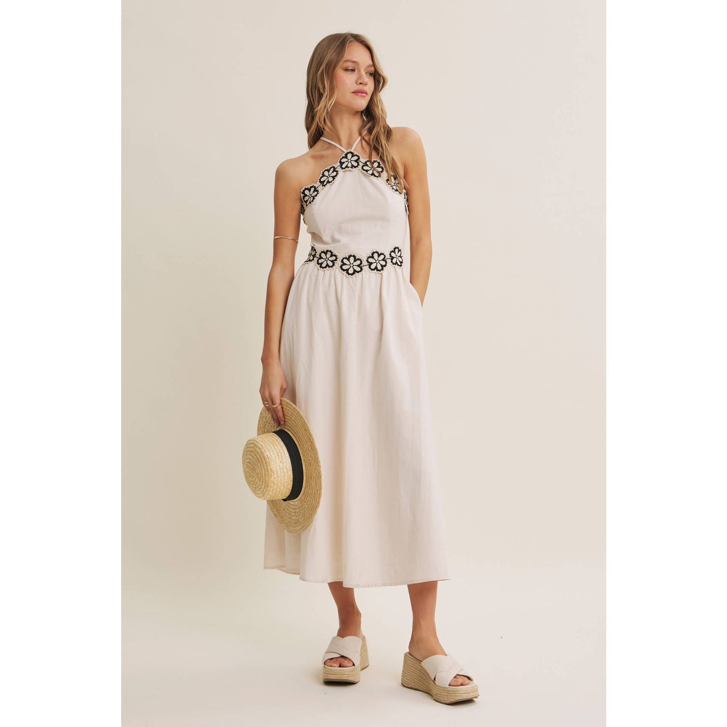 SUNSET TERRACE CROCHET LACE HALTER NECK SMOCKED MIDI DRESS