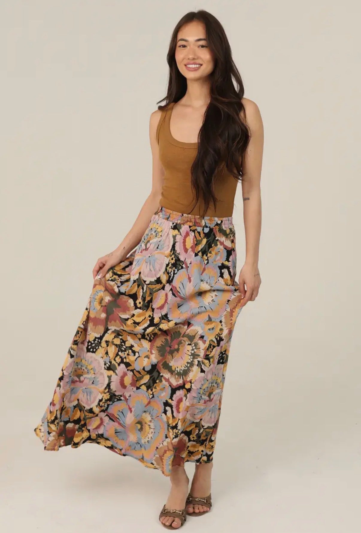 Floral Print Colored Maxi Skirt