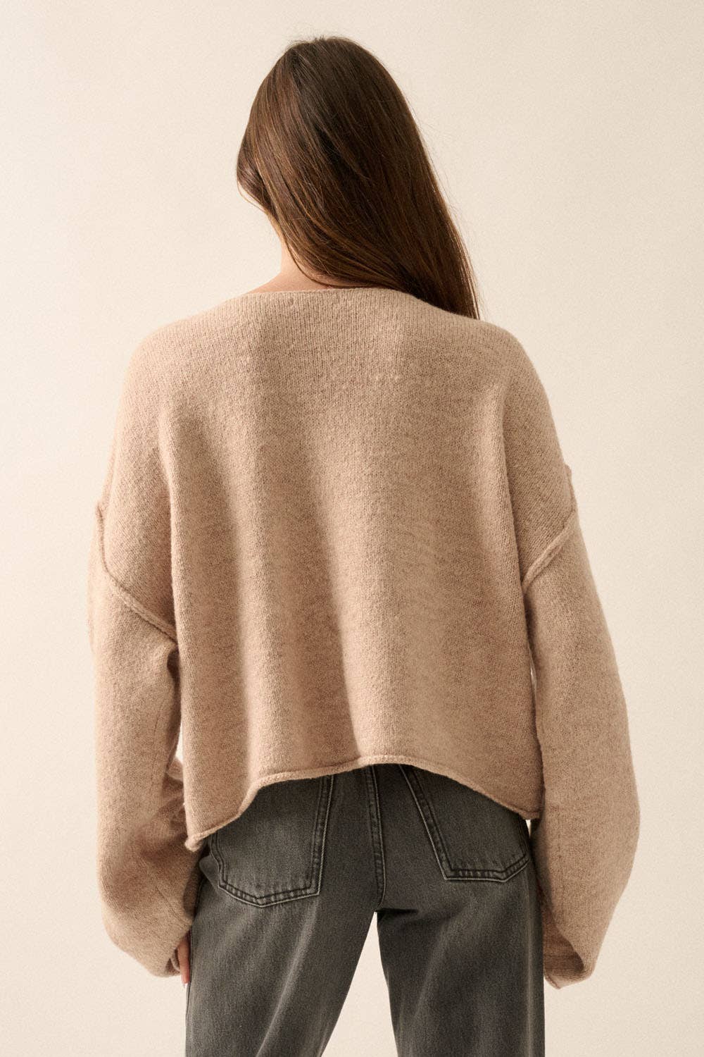 Solid Textured Knit Exposed-Seam Loose-Fit Sweater