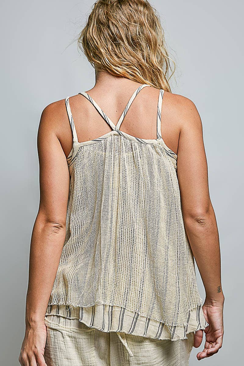 Crochet Wrap Stripe Linen Round Neck Sleeveless Top