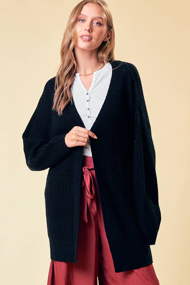 KNIT OPEN FRONT BLACK CARDIGAN