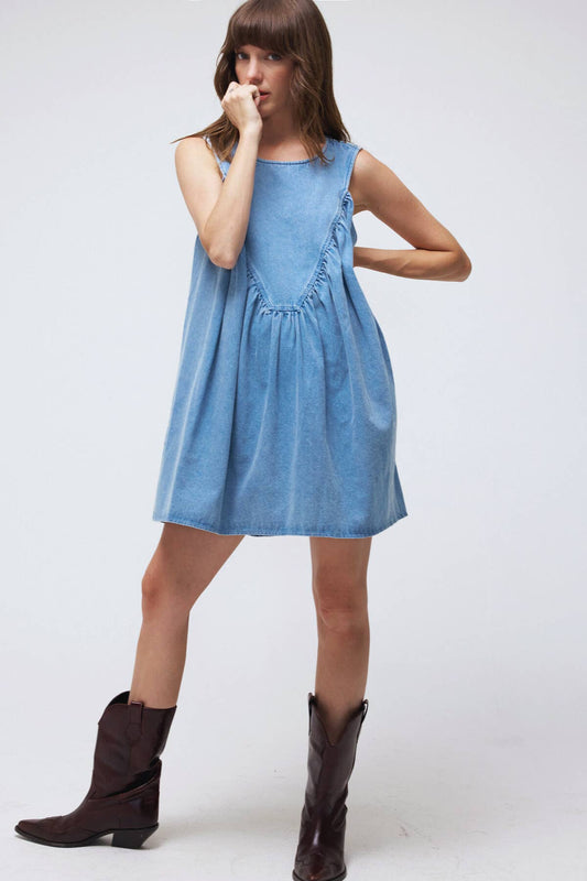 Sleeveless Shirring Denim Mini Tunic Dress