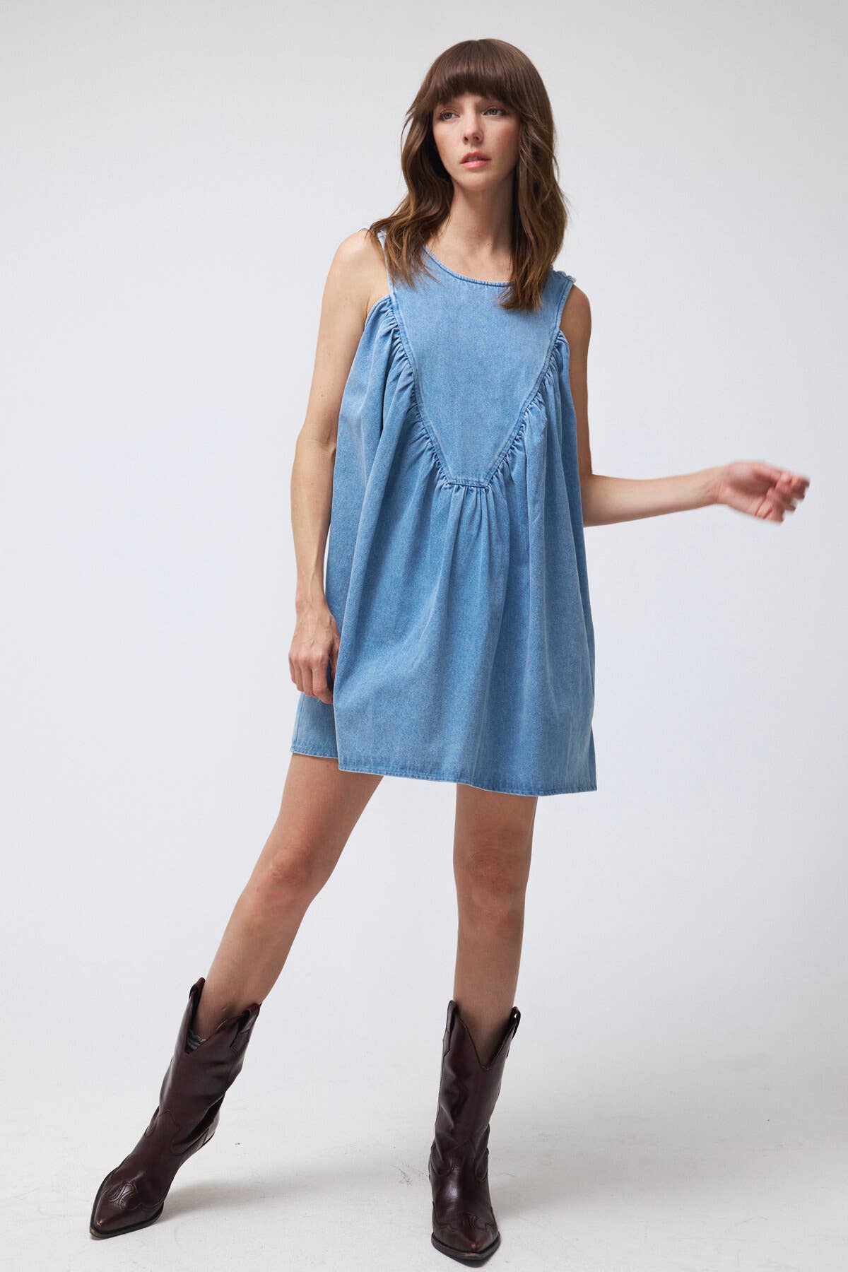 Sleeveless Shirring Denim Mini Tunic Dress