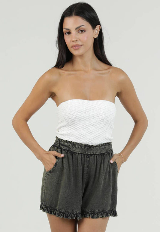 ACID WASH AND SAND BLAST FLAT WAISTBAND SHORTS