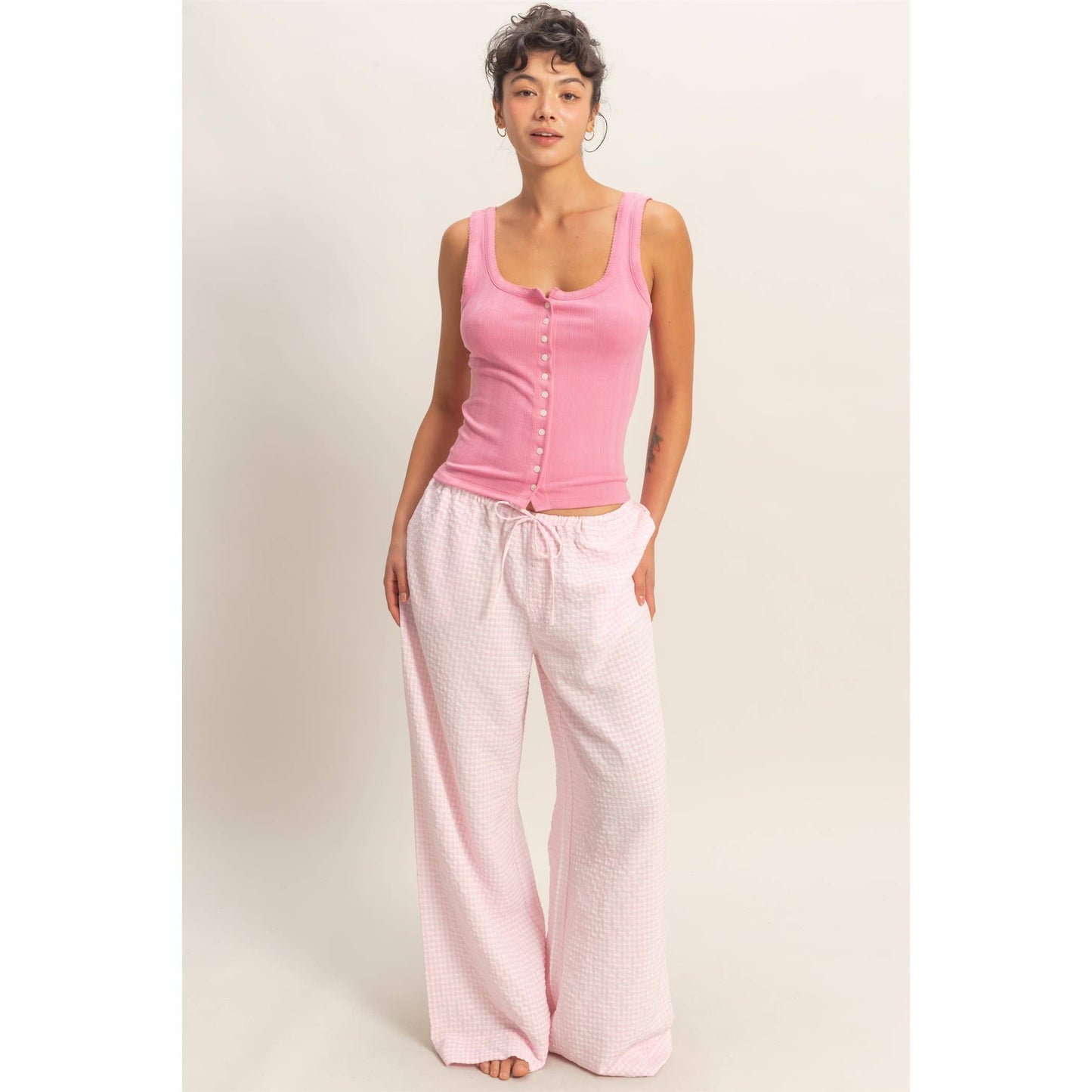 Pointelle Button Front Scoop Neck Tank Top