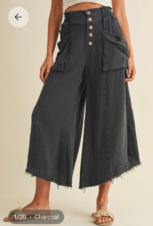 Gauze Wide Leg Button Pants