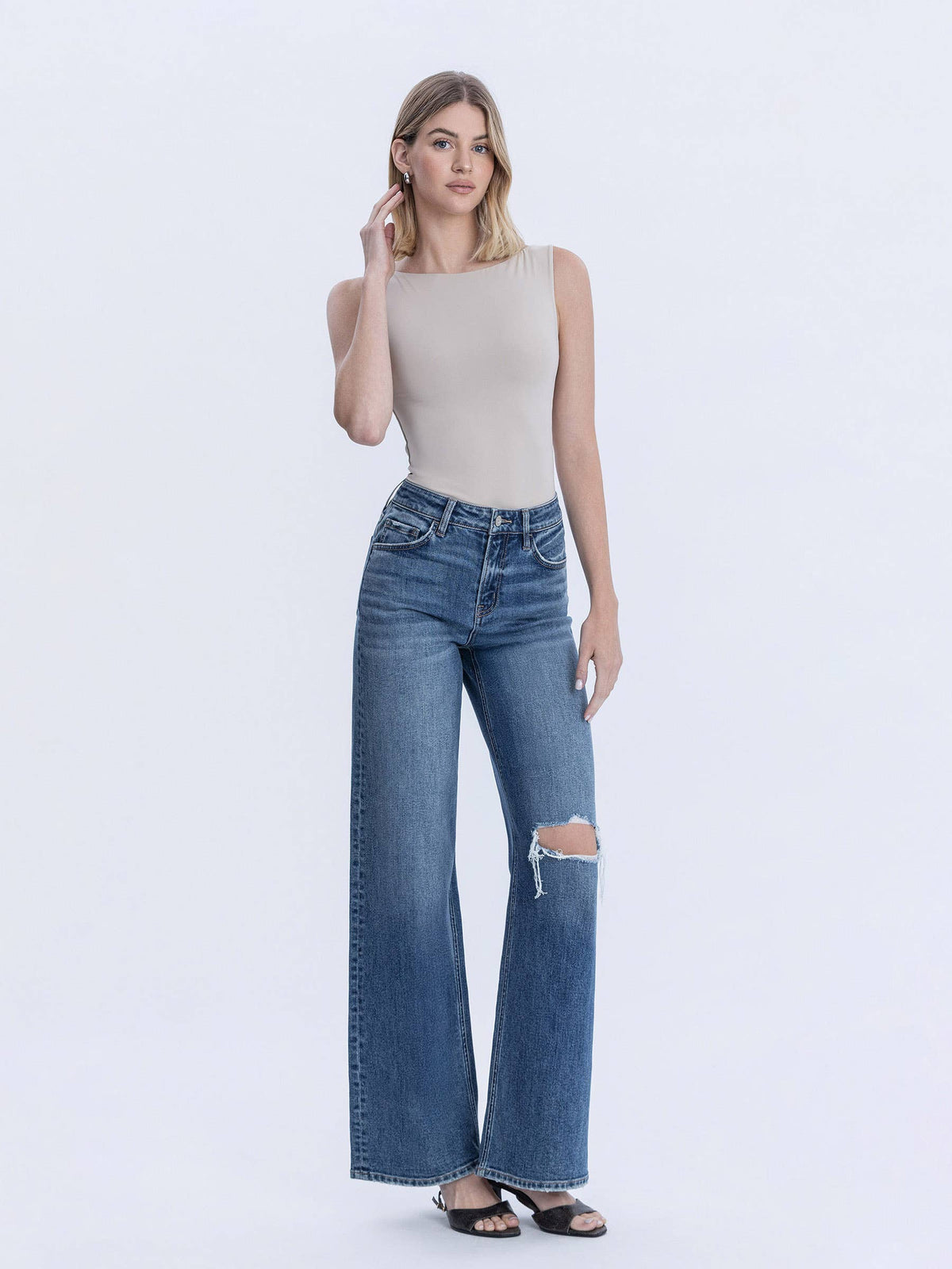 BROOKS HIGH RISE DISTRESSED KNEE WIDE LEG JEAN