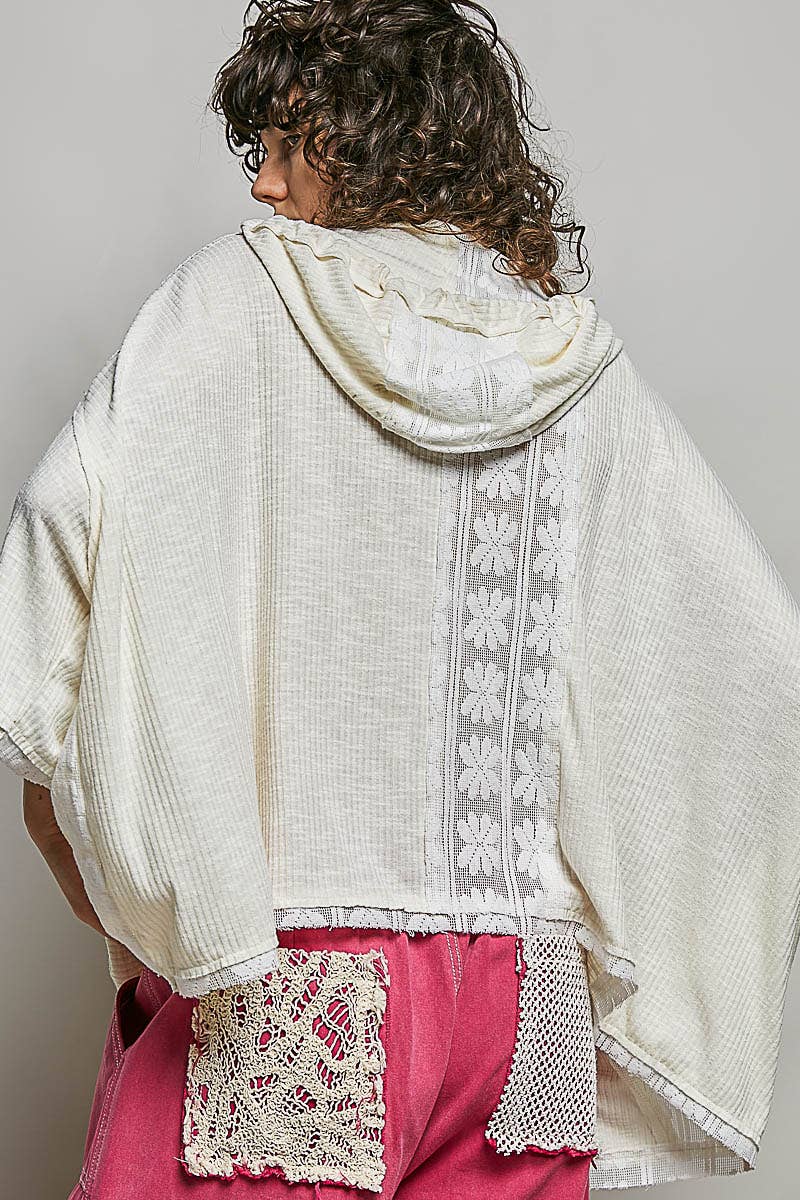 Lace Patch V-Neck Relaxed Fit Basic Airy Hoodie Top