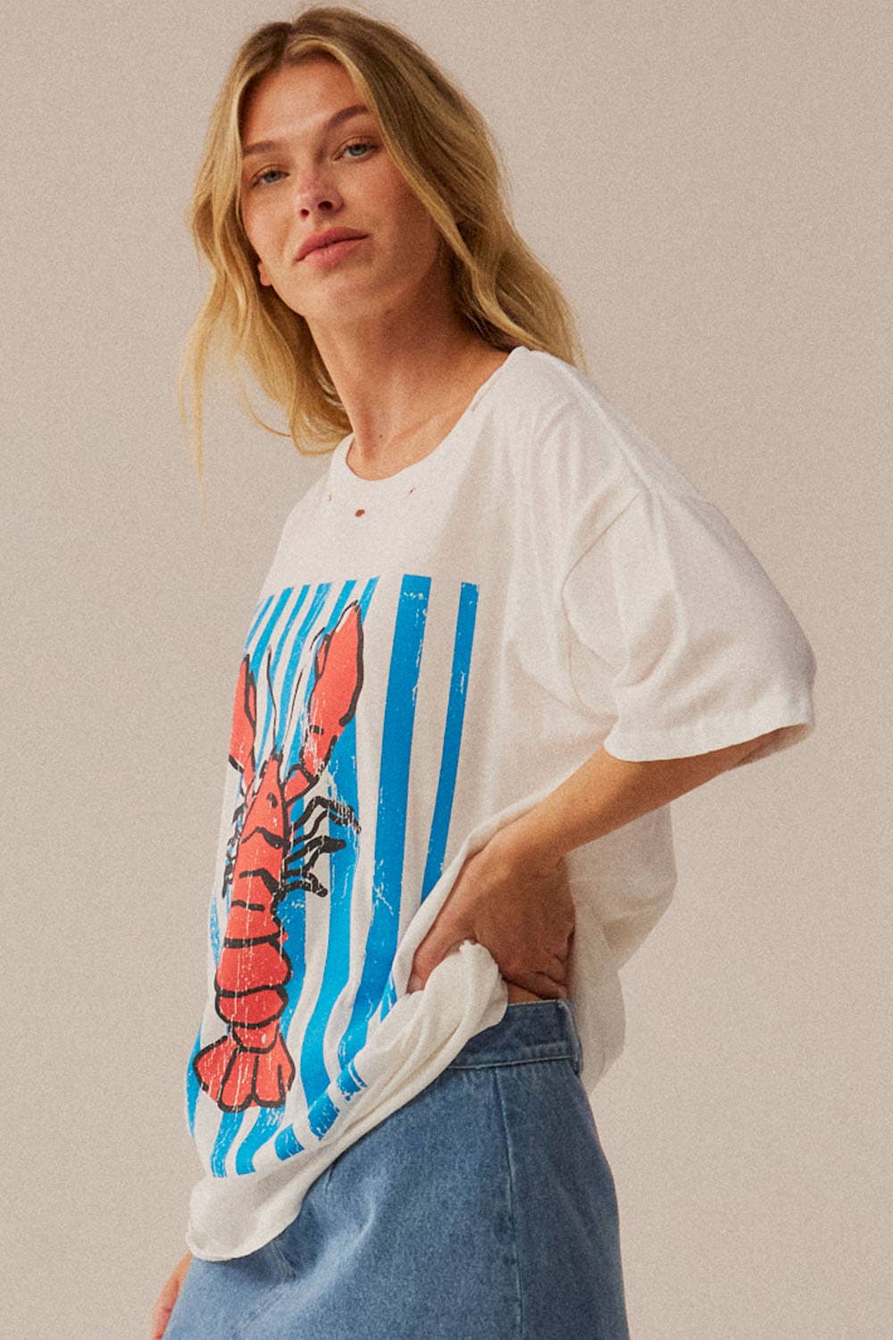 Lobster Garment-Wash Distressed Oversize Graphic Tee