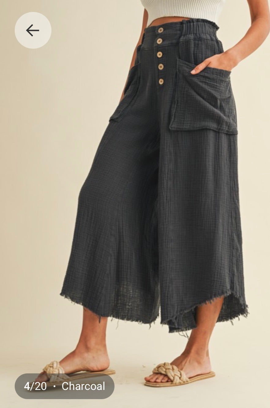 Gauze Wide Leg Button Pants