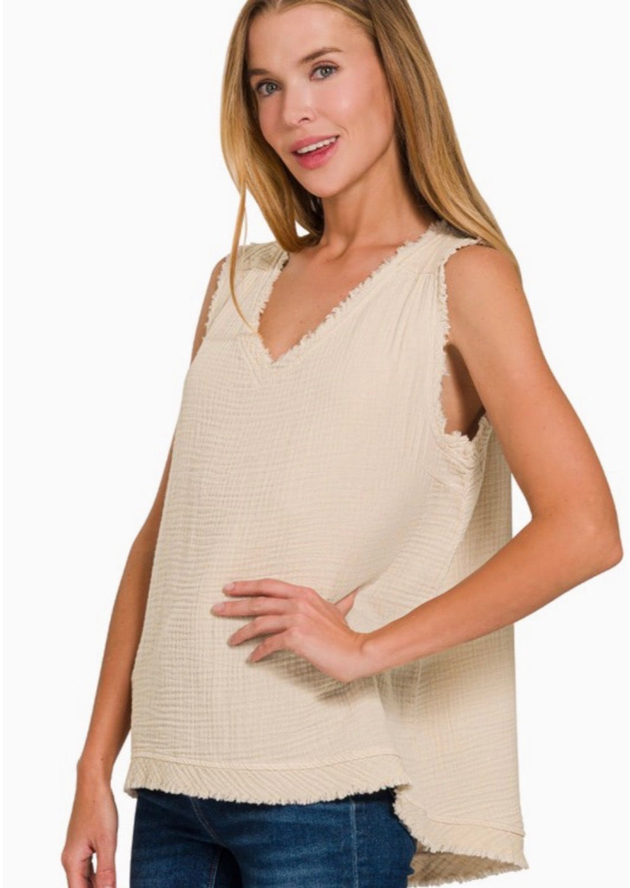 Beige Raw Edge V Neck Tank Top
