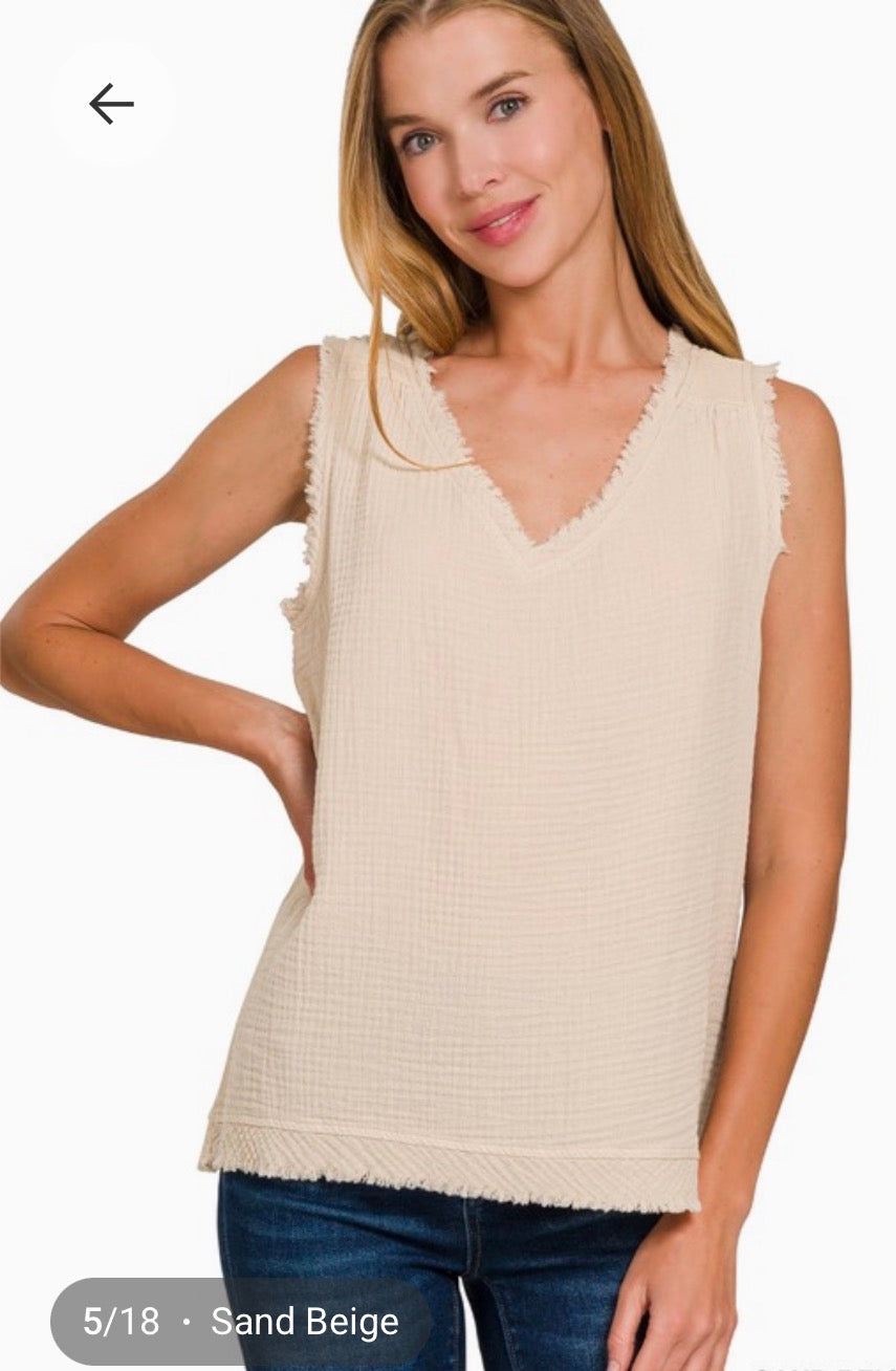 Beige Raw Edge V Neck Tank Top