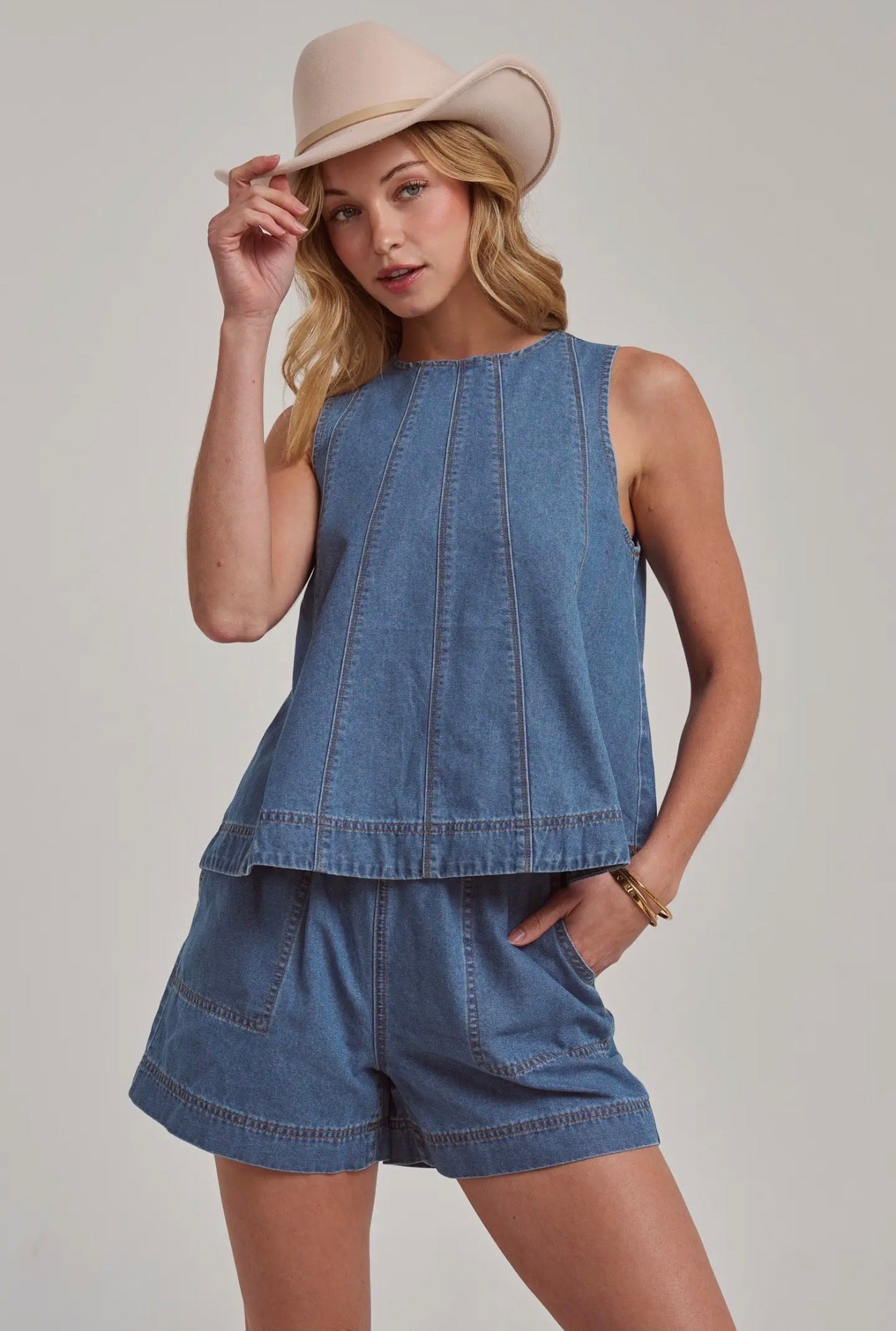 Denim Tank And Shorts Matching Set