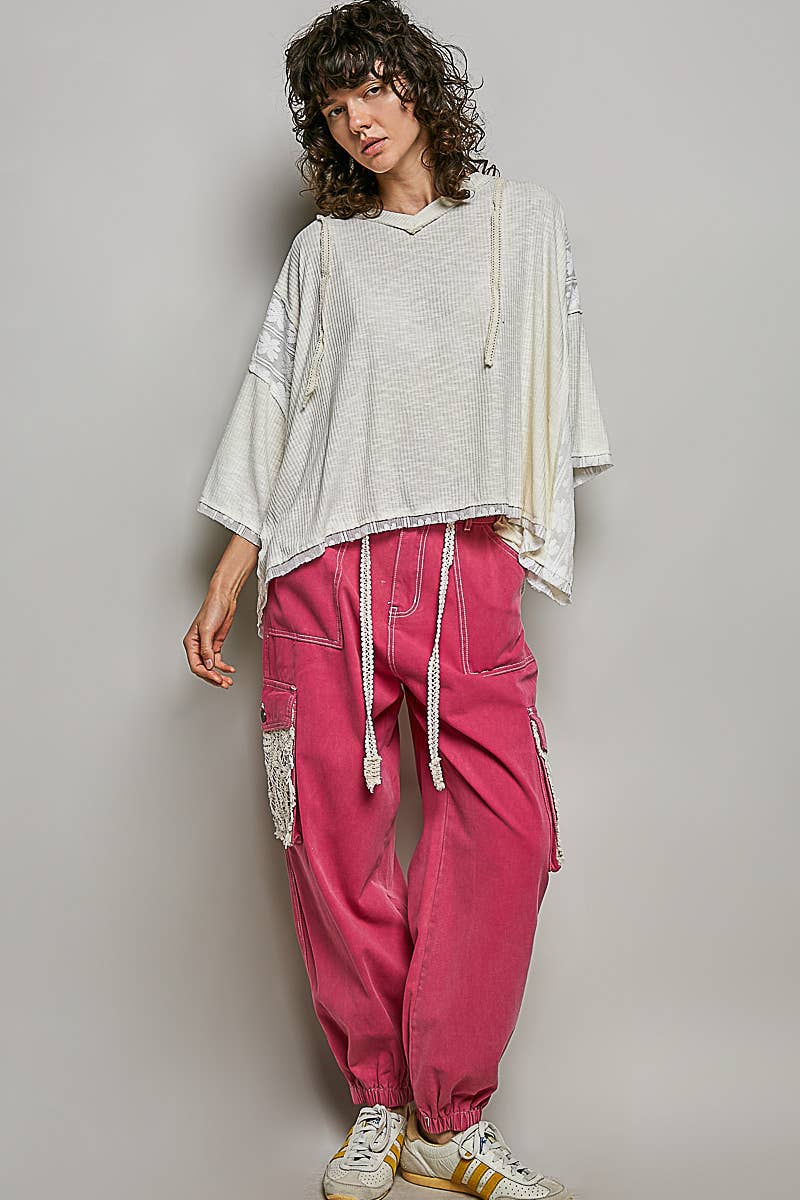 Lace Patch V-Neck Relaxed Fit Basic Airy Hoodie Top