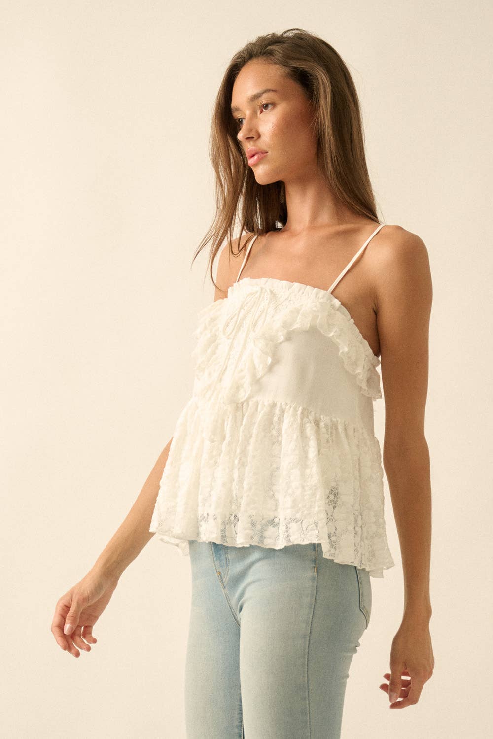 Floral Lace and Cotton Gauze Ruffled Babydoll Cami Top
