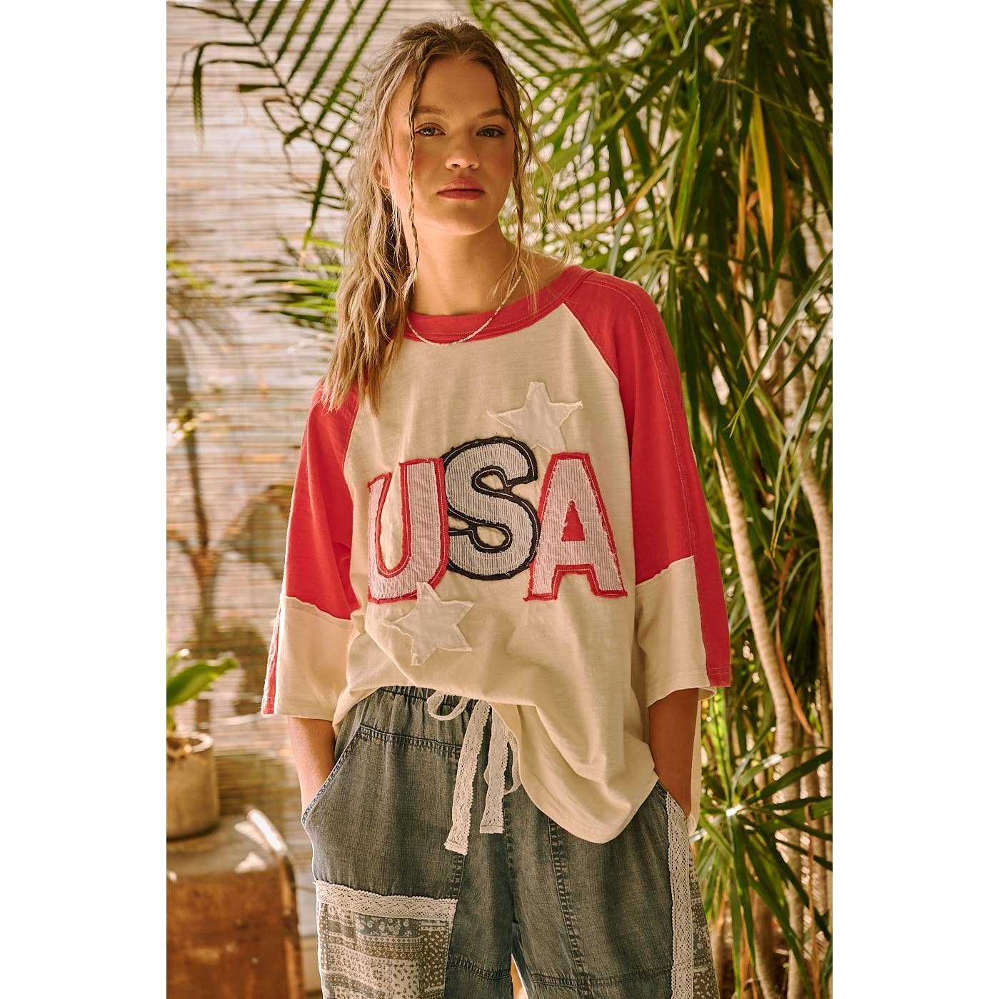 USA STAR PATCH MINERAL WASHED COLOR BLOCK TOP