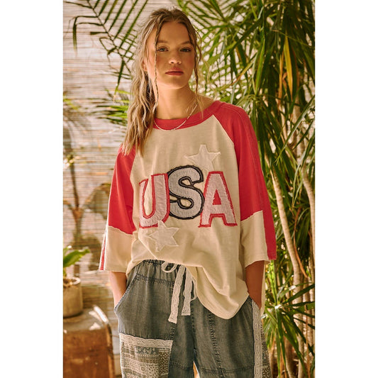 USA STAR PATCH MINERAL WASHED COLOR BLOCK TOP