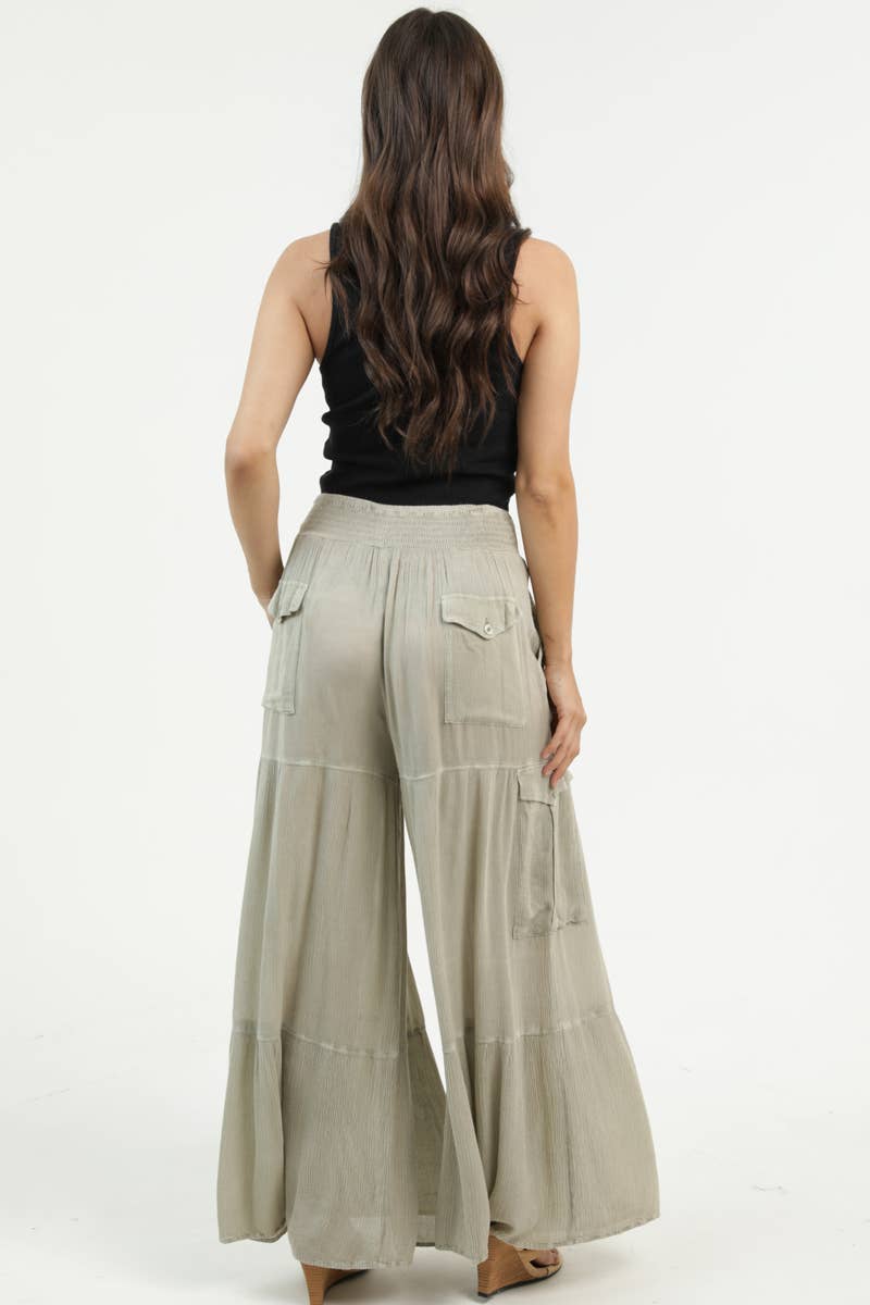 WIDE LEG PANTS WITH SMOCKED WAISTBAND AND CARGO