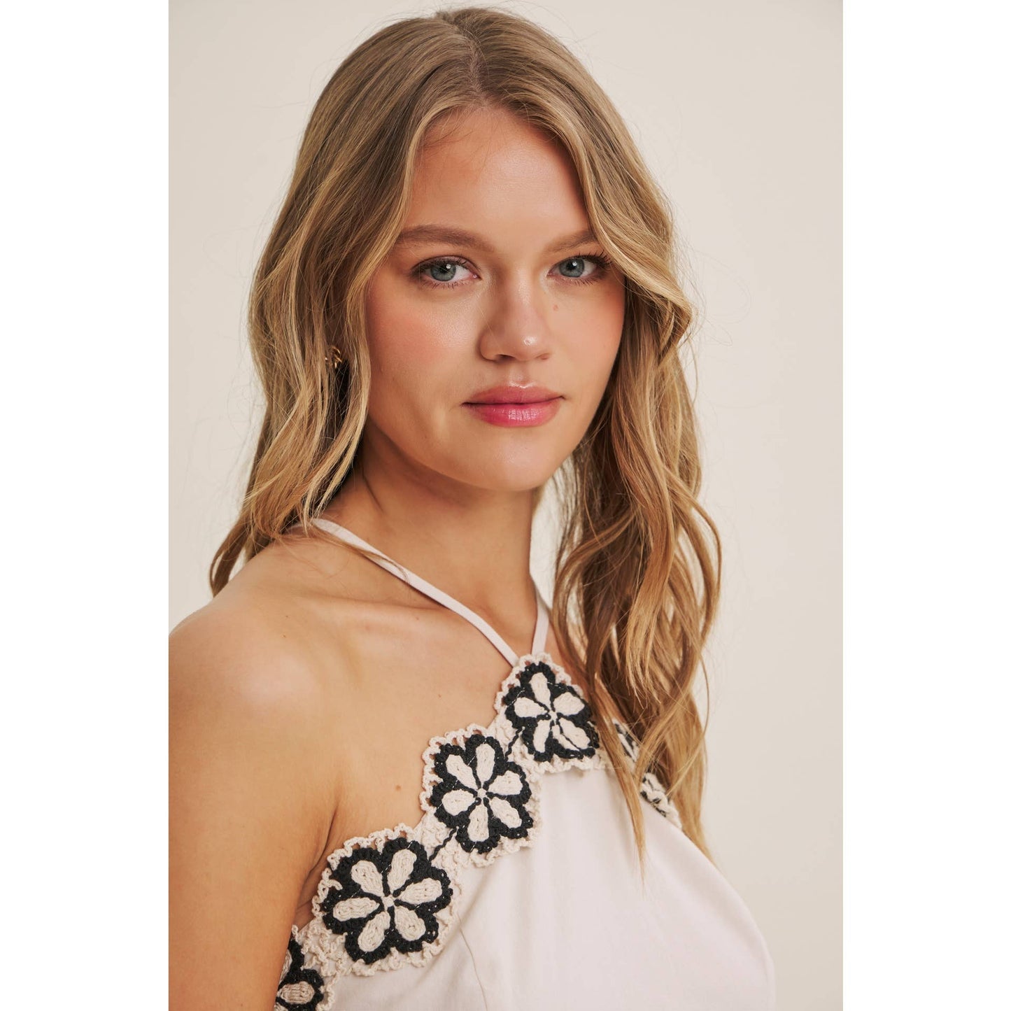 SUNSET TERRACE CROCHET LACE HALTER NECK SMOCKED MIDI DRESS