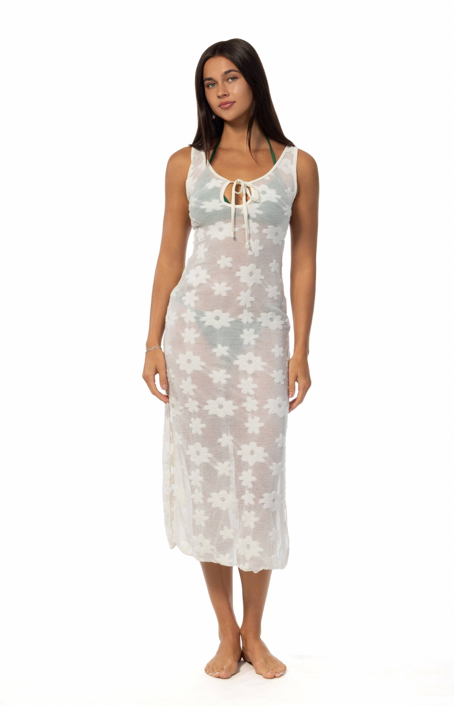 SOLID FLORAL BURNOUT SHEER TIE FRONT MIDI COVERUP