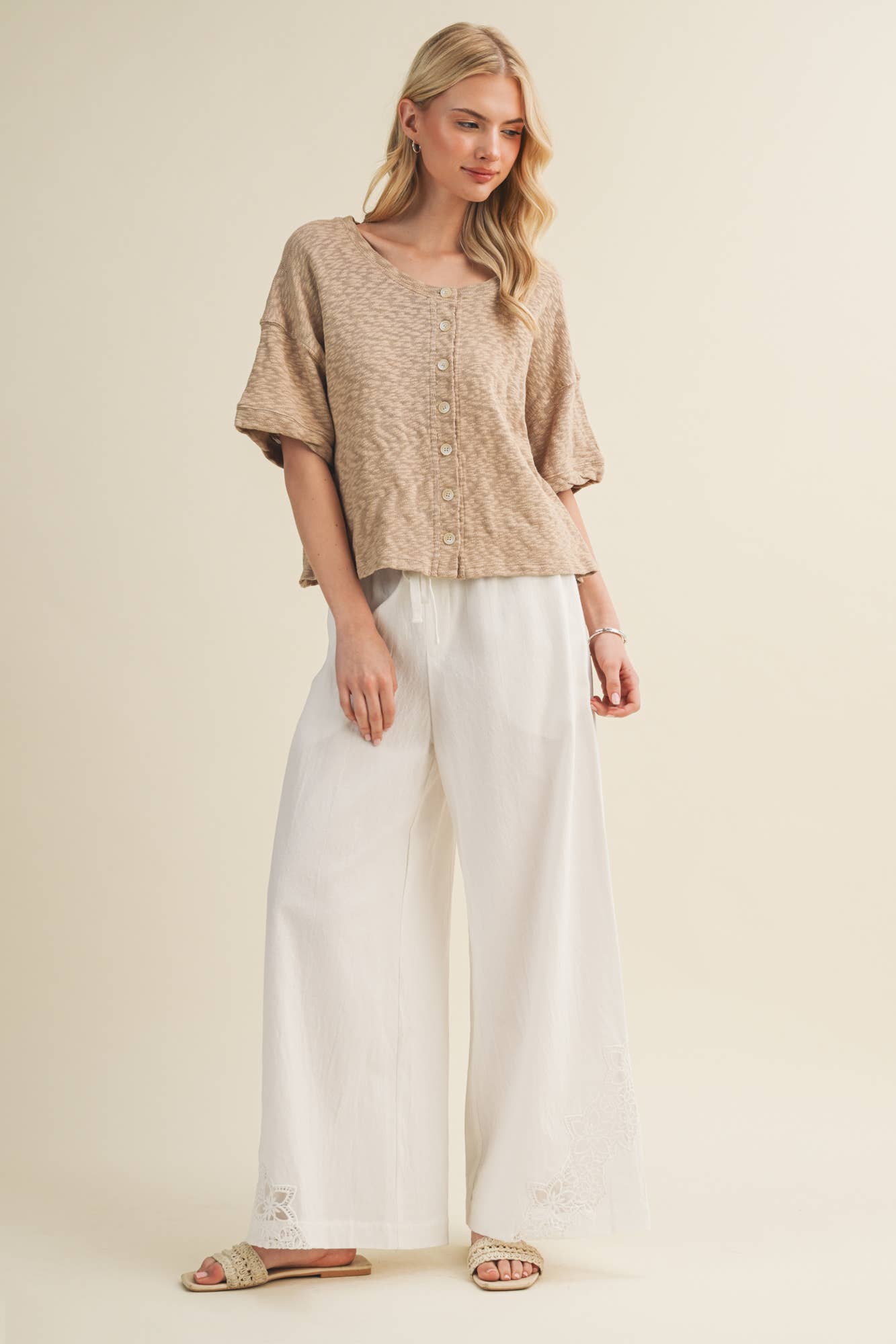 Slub Knit Boxy Button-Front Blouse