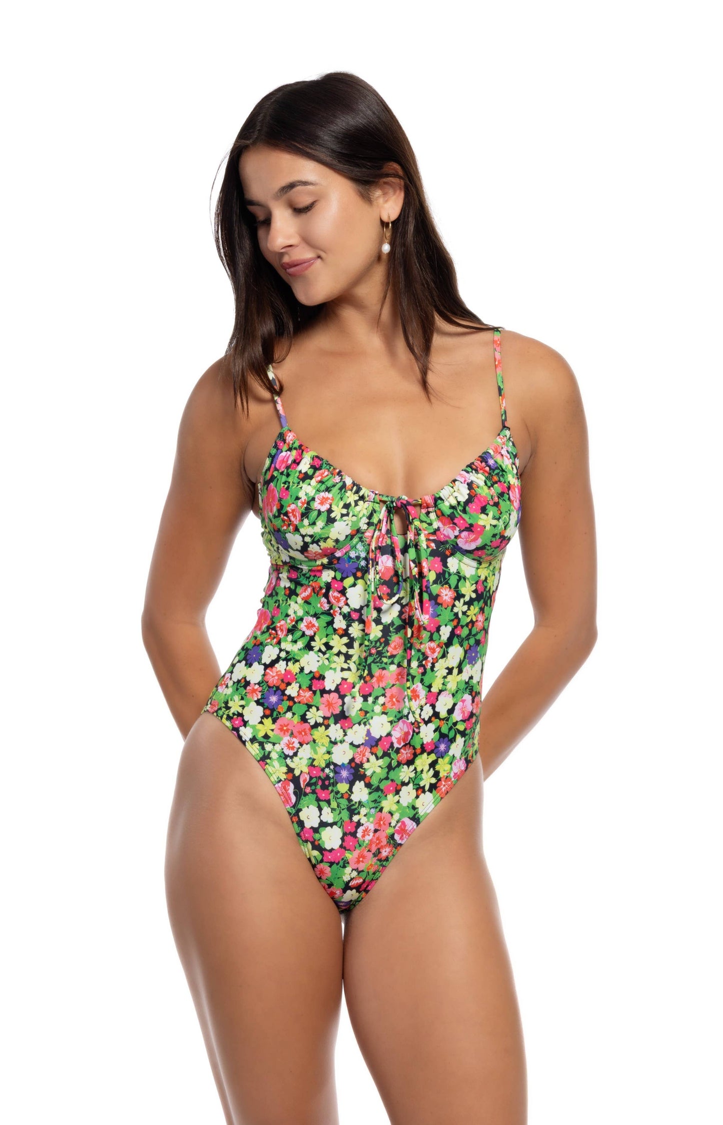 NEON FLORAL UNDERWIRE TIE FRONT ONE PIECE SWIMWEAR