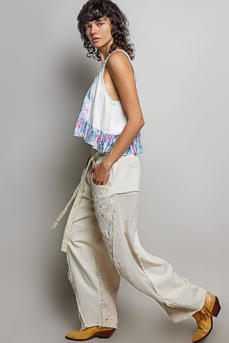 Lace Trim Outseam Detail Solid Wide Leg Twill Pants