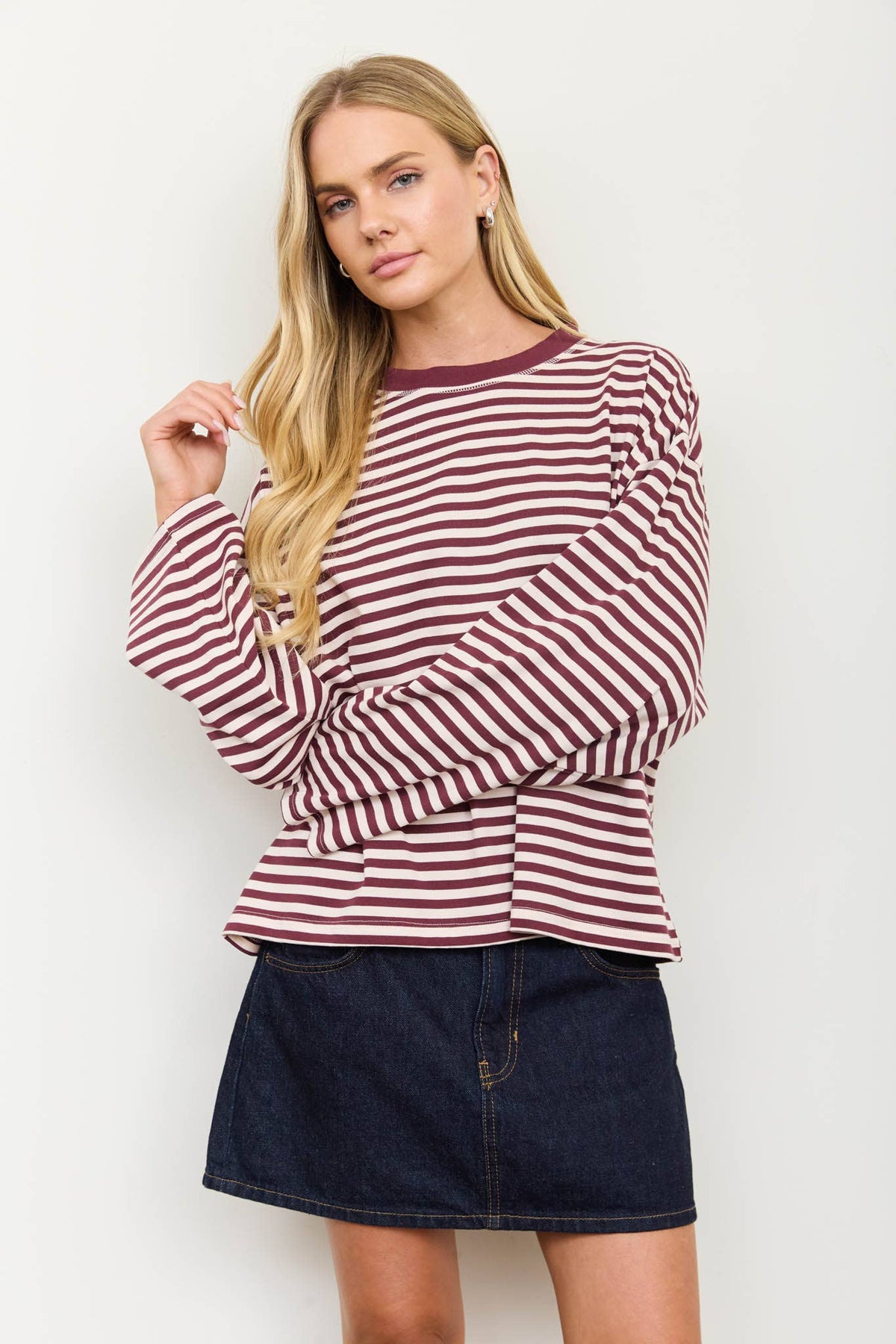 STRIPED CONTRAST CREW NECK LONG SLEEVE KNIT TOP