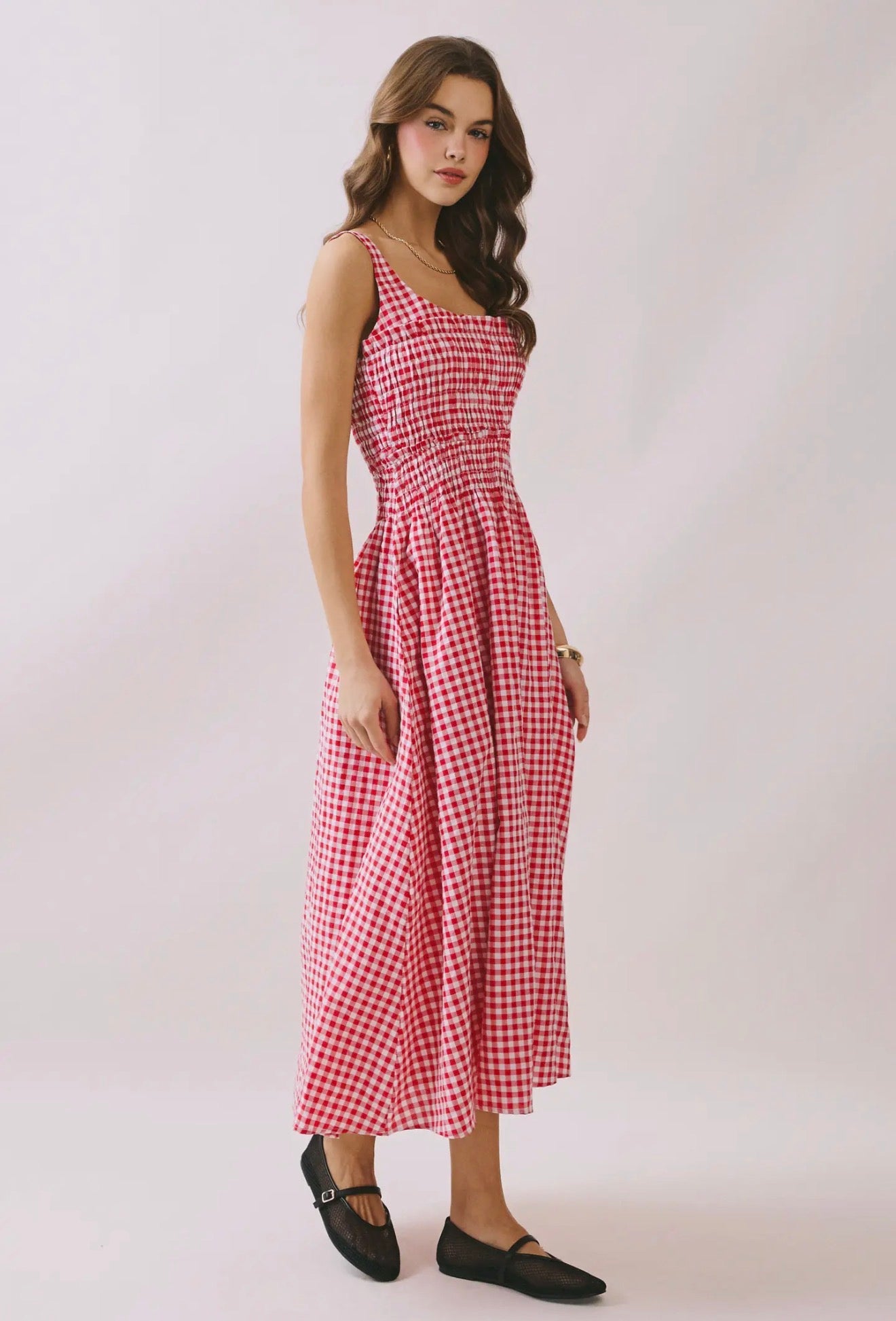 Smocked Red Gingham Midi Dress