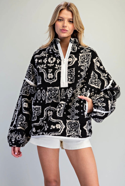 Patterned Fleece Quarter Zip Sherpa Jacket