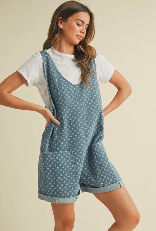 Floral Denim Overall Shorts Romper