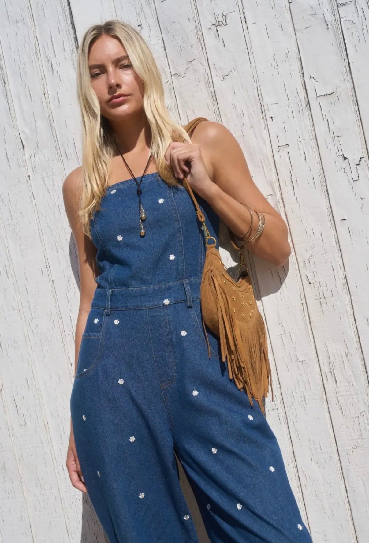 Strapless Embroidered Denim Jumpsuit