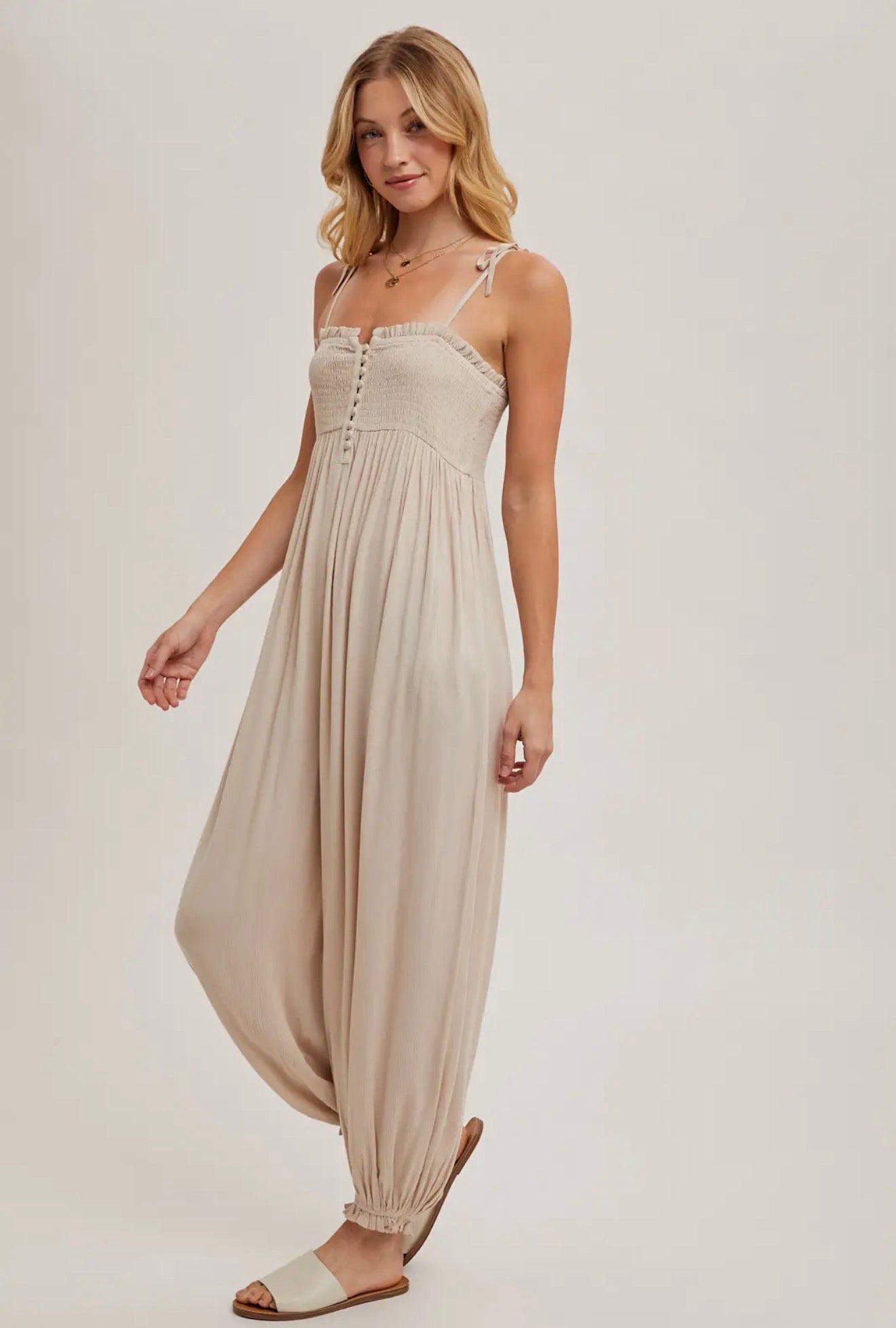 Smocked Top Beige Jumpsuit