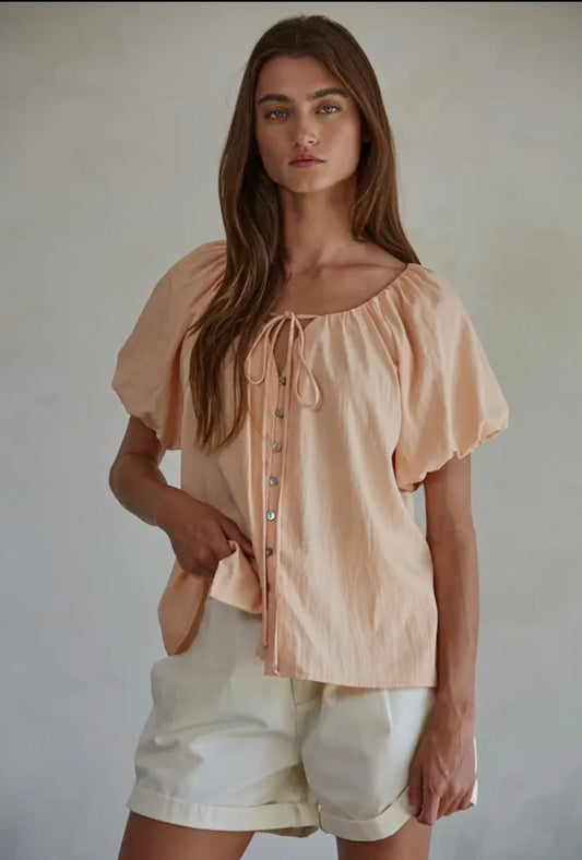 Peach Balloon Sleeve Button Top