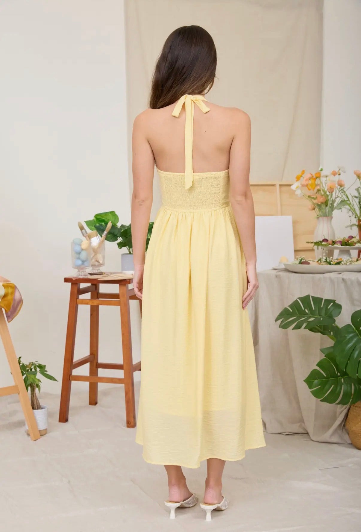 Halter Detail Embroidered Midi Dress