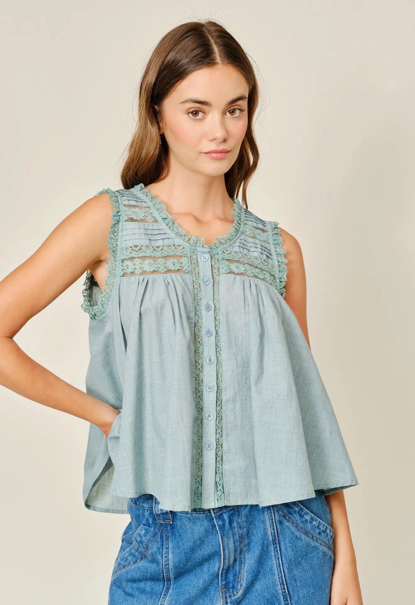Teal Ruffle Lace Top
