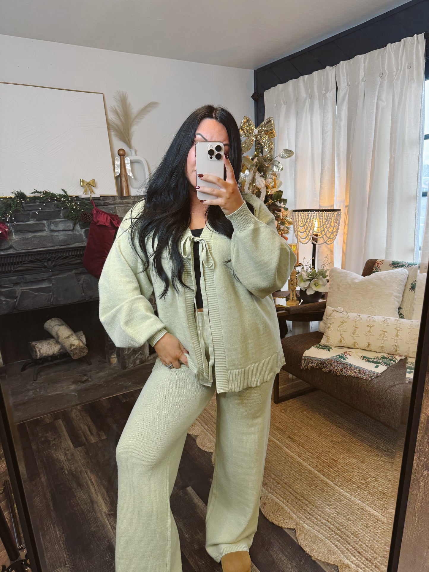 Sage Tie Knit Cardigan and Pants Matching Set