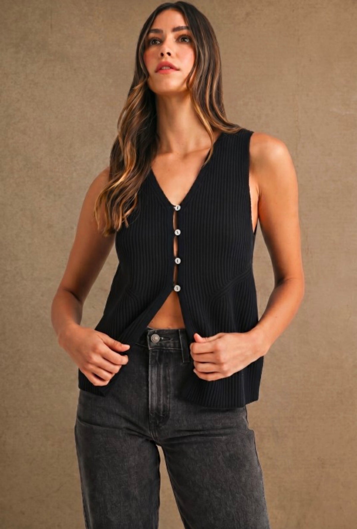 Black Button Vest Top