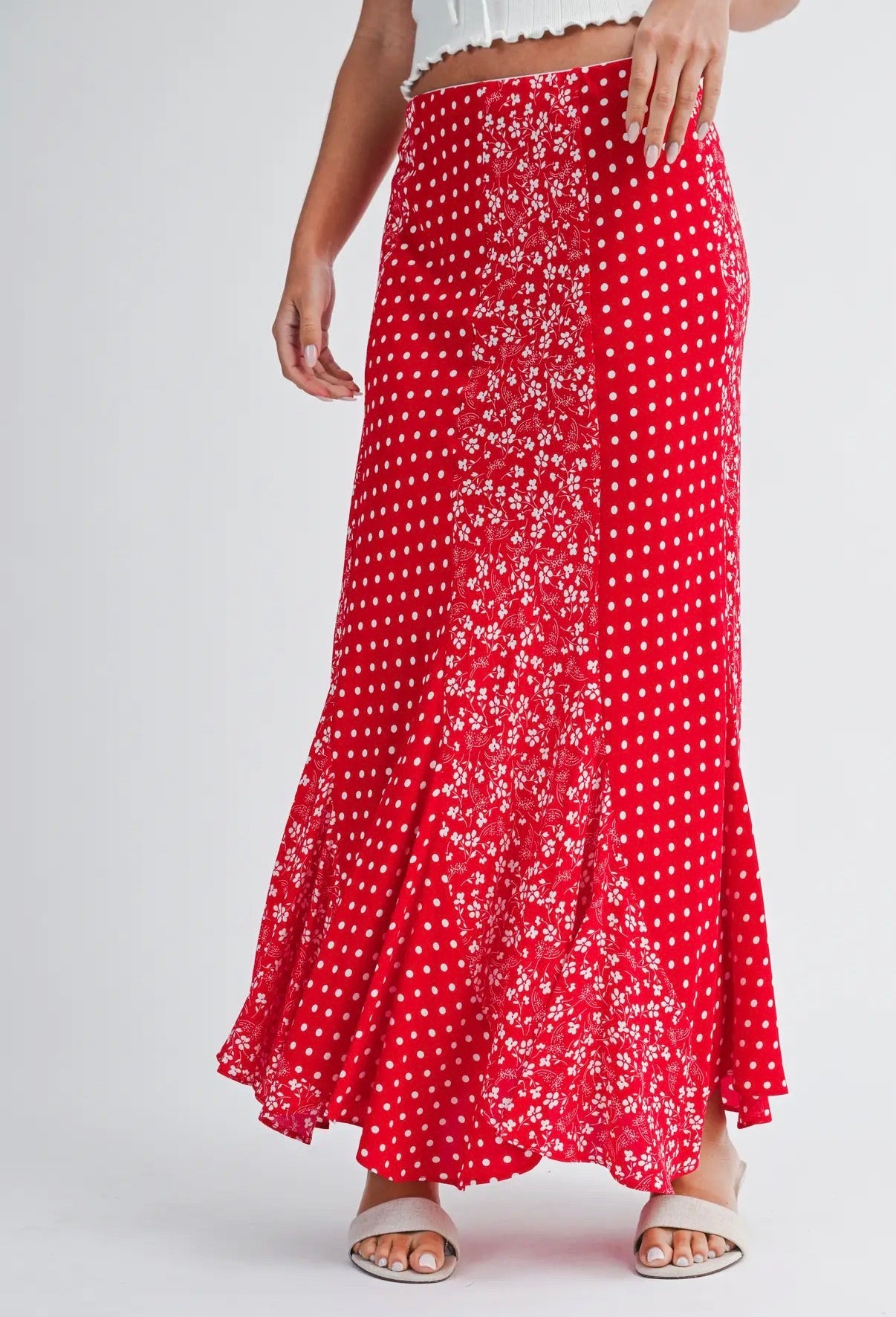 Red Polka Dot Floral Maxi Skirt