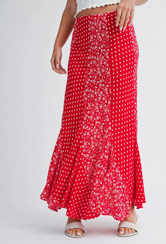Red Polka Dot Floral Maxi Skirt