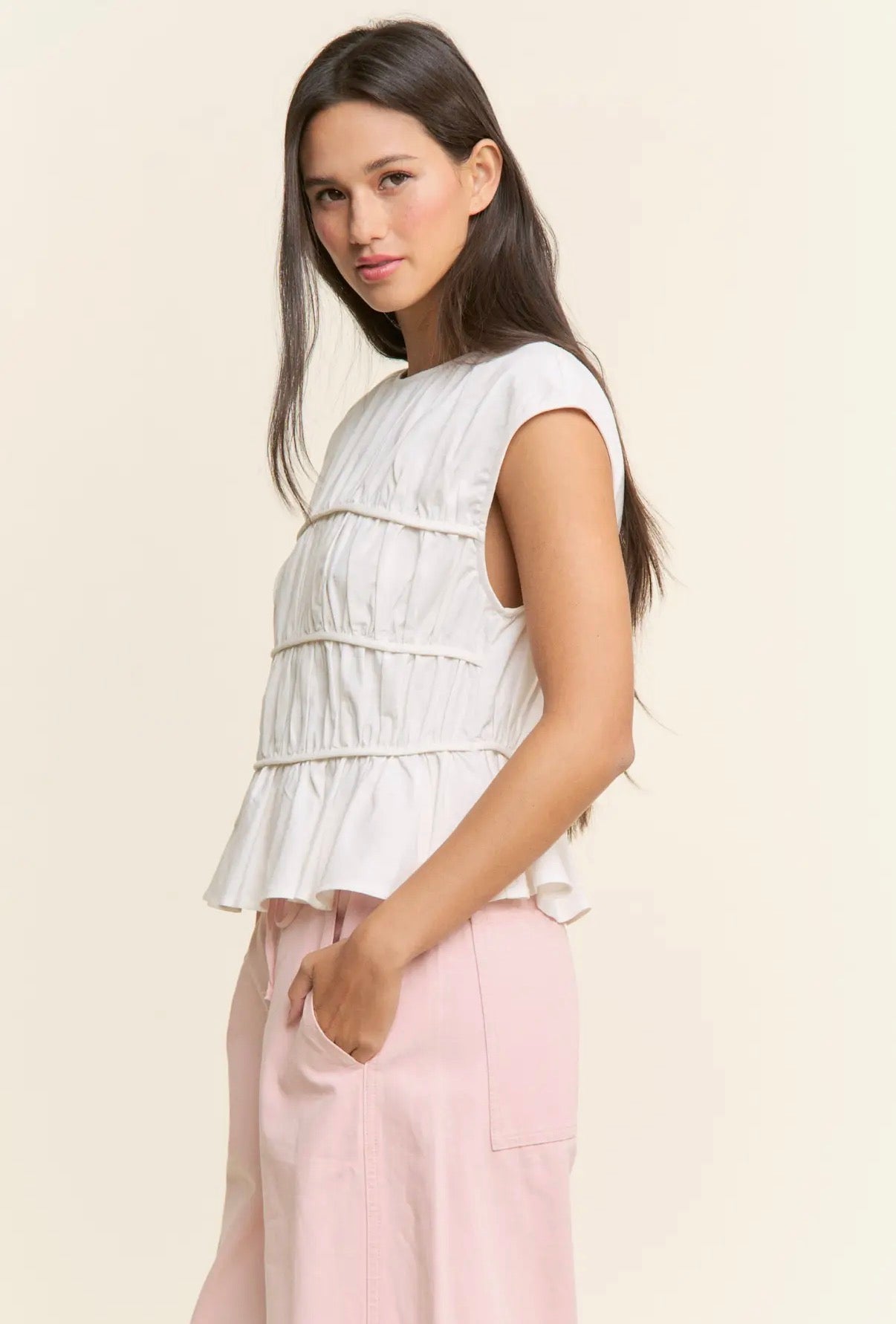 Ruched Cap Sleeve Peplum Top