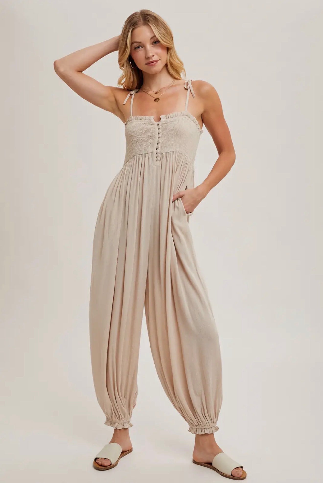 Smocked Top Beige Jumpsuit
