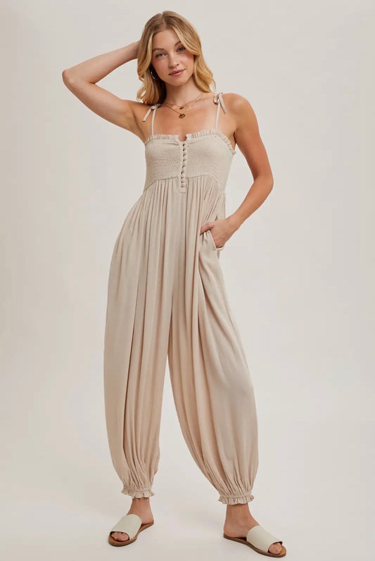 Smocked Top Beige Jumpsuit