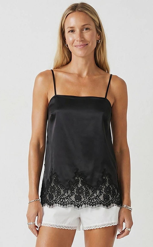 Square Neck Lace Trim Tank Top Black
