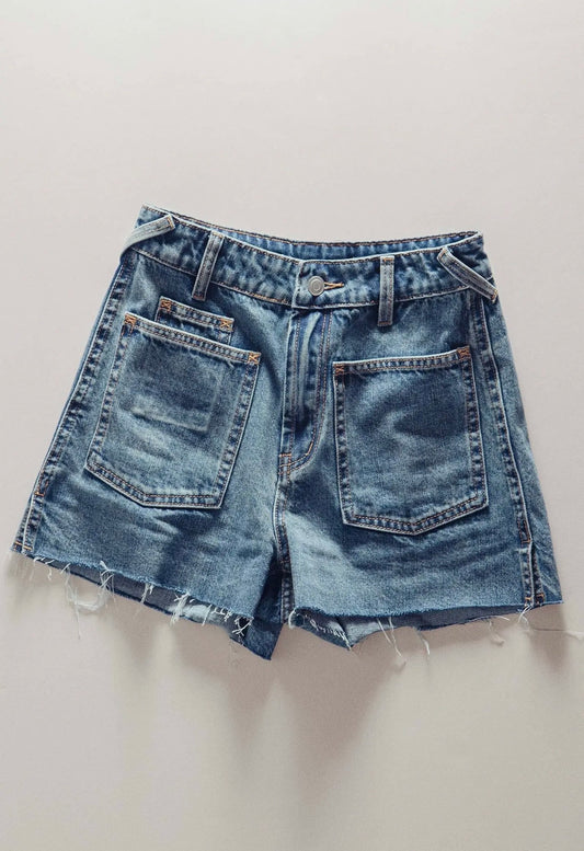 High Rise Patch Pocket Raw Edge Shorts