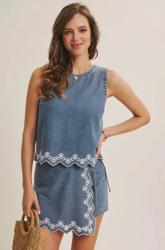 Eyelet Embroidered Denim Top