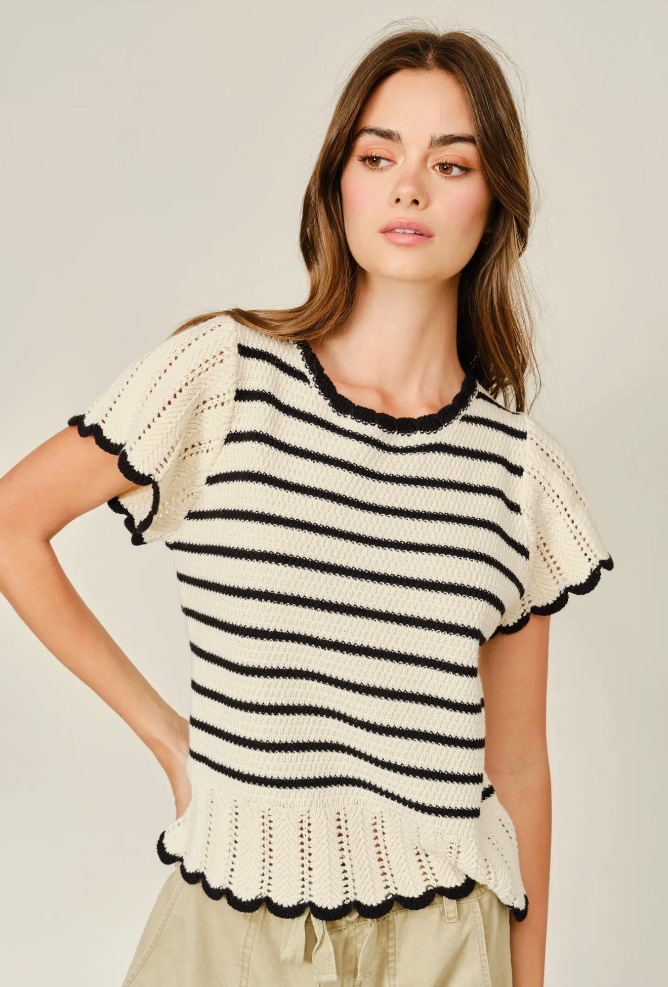 Striped Crochet Short Sleeve Sweater